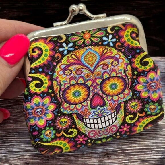 Small Sugar Skull Coin Pouch Mini Change Purse Day of the Dead Gothic Grunge - Picture 3 of 5